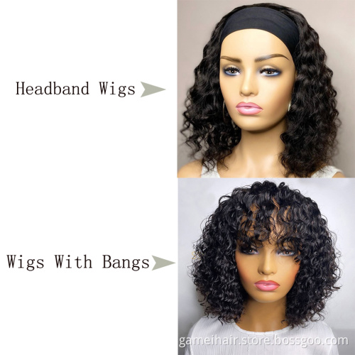 Wholesale 10 a Grade Brazilian Virgin Water Wave Ladies Bangs glueless Wig Cheap Pixie Cut Short Bob Headband Wigs Human Hair